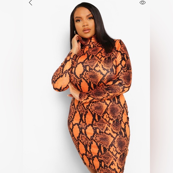 BOOHOO PLUS SIZE ORANGE SNAKE TURTLE NECK BODYCON DRESS - Picture 2 of 4